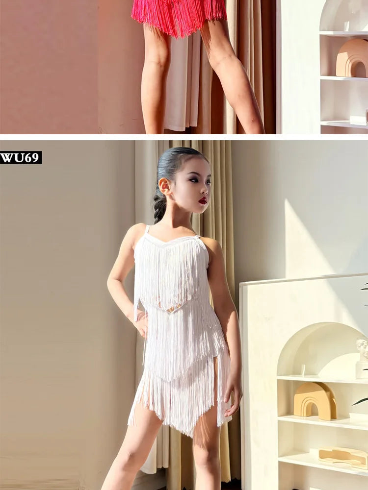 Latin american Dance velvet feather Long Dress Girls Kids Samba Salsa Cha Cha Rumba Tango Children Competition Ballroom Dresses