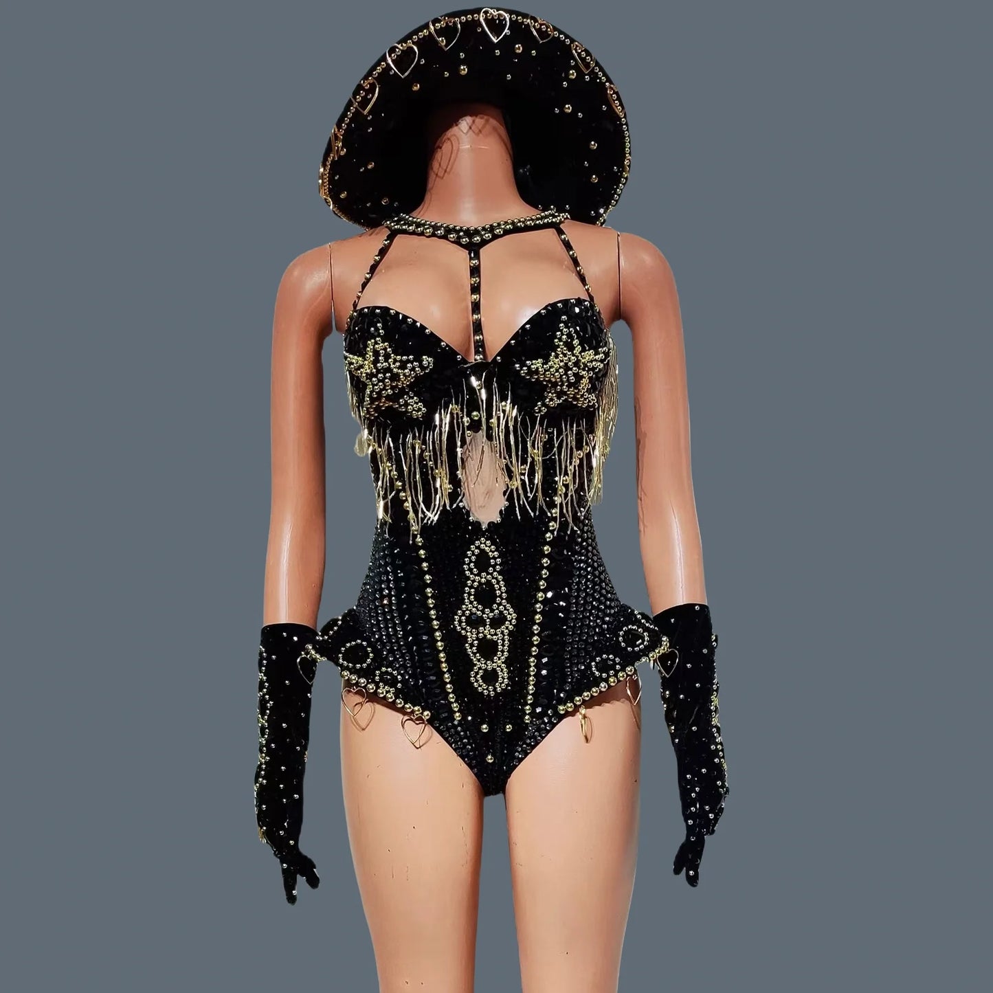 Women Sparkly Rhinestone Bodysuit 4Pieces Set Night Party Cowboy Show Outfit Cabaret Carnival Showgirl Sexy Jumpsuit Hongding