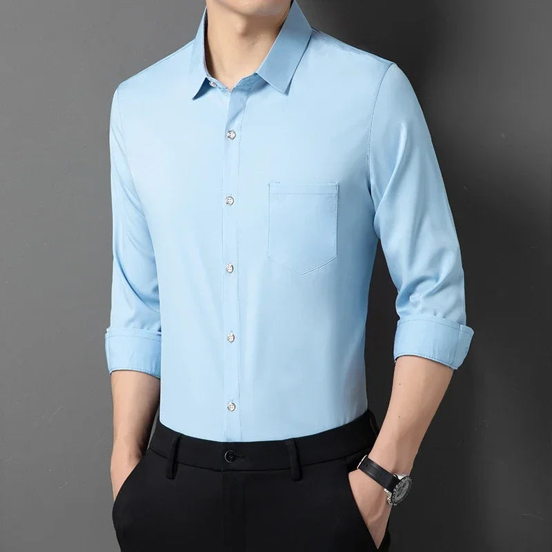 Men's New Casual and Fashionable Long Sleeved Shirt with Pockets Comfortable Wrinkle Resistant and Iron Free Collared Shirt