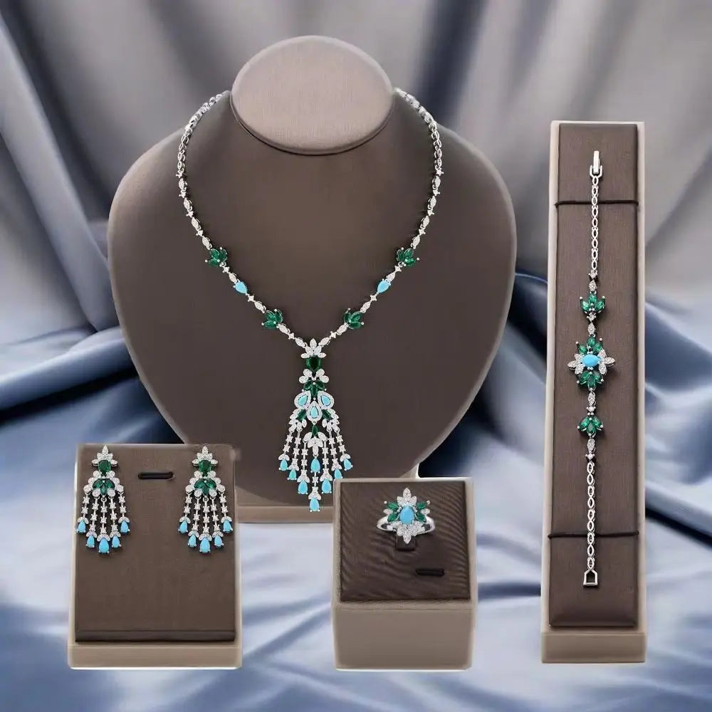 Tassel Turquoise Dubai Jewelry Sets for Wedding Birthday Party 4 Pieces Jewelry Necklace Set Bridal Accessories