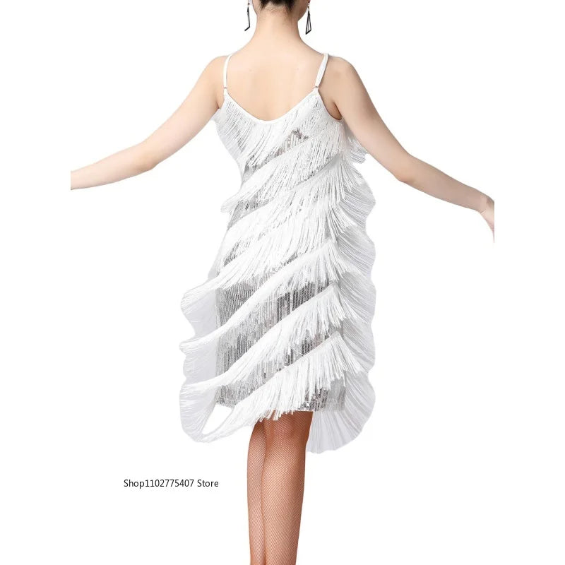 Women Salsa Latin Dance Dress Sequin Tassel Fringe Flapper Dress 1920s Gatsby Cocktail Dress Tango Ballroom Dancing Costume
