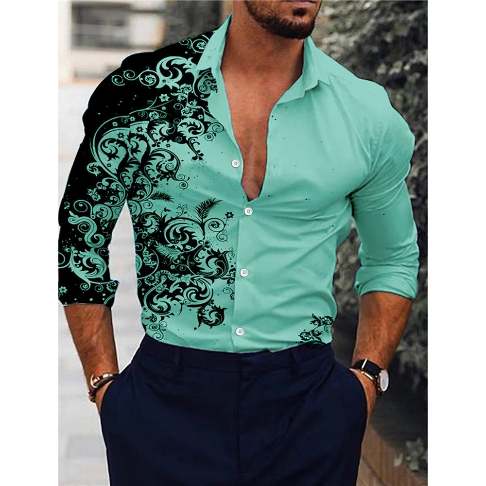 Men's red patterned long-sleeved shirt men's casual versatile fashion street men's shirt lapel single-breasted long sleeve