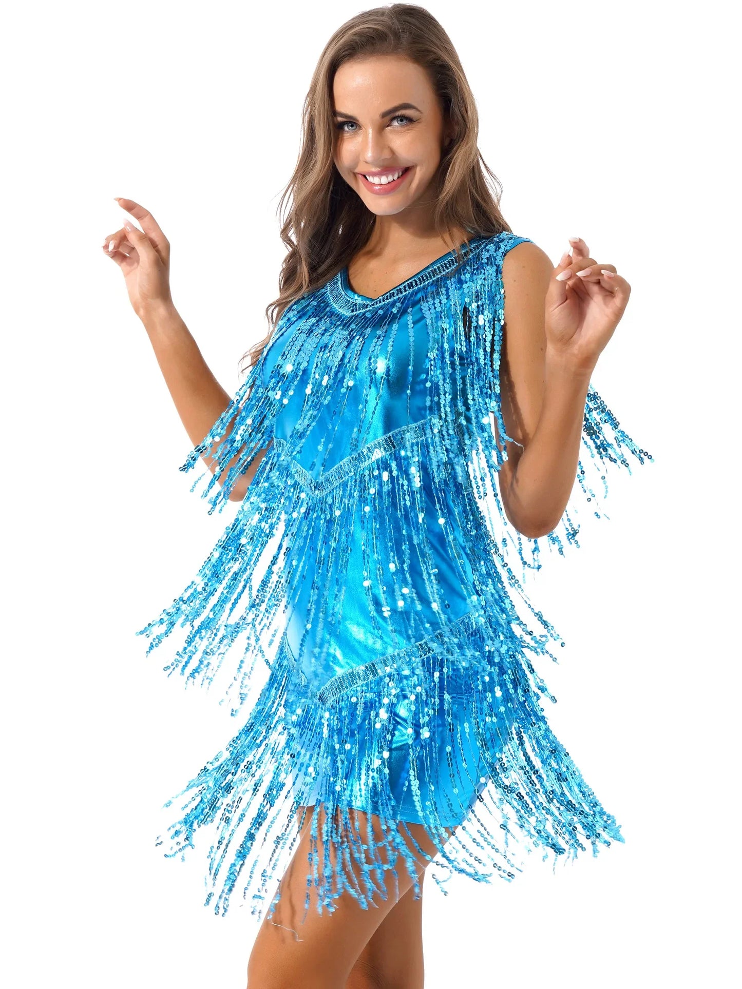 Women Latin Dress Shiny Sequin Sleeveless Tassels Fringed Dress Tango Samba Rumba Ballroom Salsa Jazz Dance Performance Costume