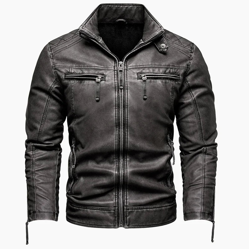 Men's Vintage Thickened Jacket Multi-Pocket Jacket, Stand-Up Collar Motorcycle Clothing, Casual PU Leather Jacket