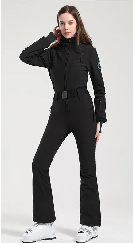 Women One Piece Ski Suit Winter Snowboard Jumpsuit Waterproof Windproof Thicken Hooded Outdoor Sport Wear for Mountain Hiking
