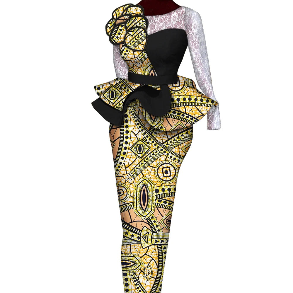 African Skirt Sets Women Suit Long Straight Skirts and Tops with Lace Decoration Bazin Riche Traditional African Clothing WY6195