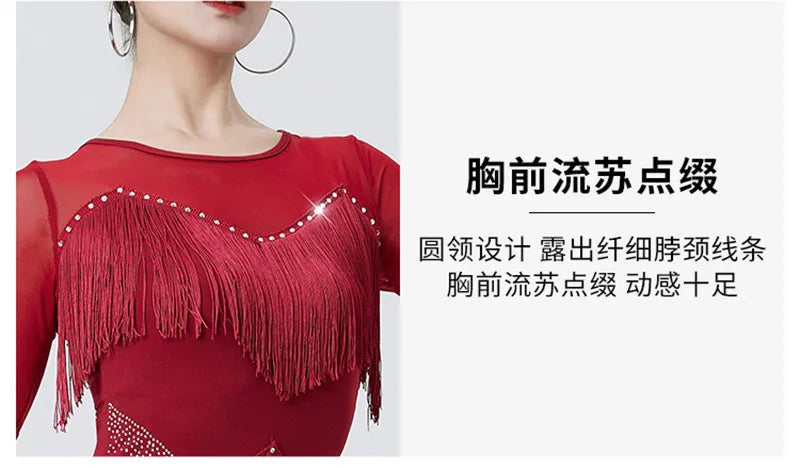Women's Flapper Dress Fringe Salsa Latin Dance Dress Party Ballroom Dancer Outfits With Shorts Long Sleeve  Tango Samba Rumba