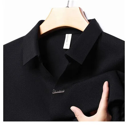 High End Mulberry Silk T-shirts Man Long Sleeve Tops Business Casual Elastic Non-iron Seamless Quality Luxurious Men Polo Shirts
