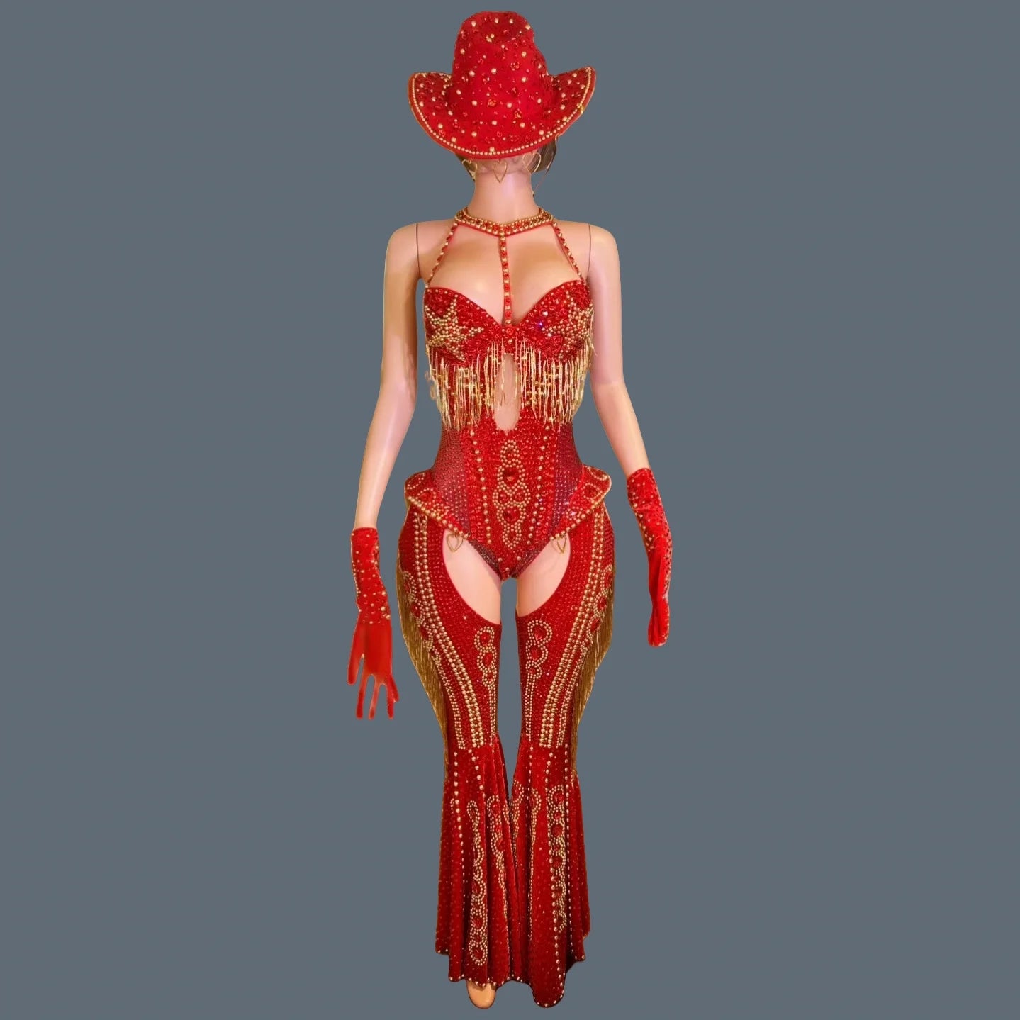 Women Sparkly Rhinestone Bodysuit 4Pieces Set Night Party Cowboy Show Outfit Cabaret Carnival Showgirl Sexy Jumpsuit Hongding