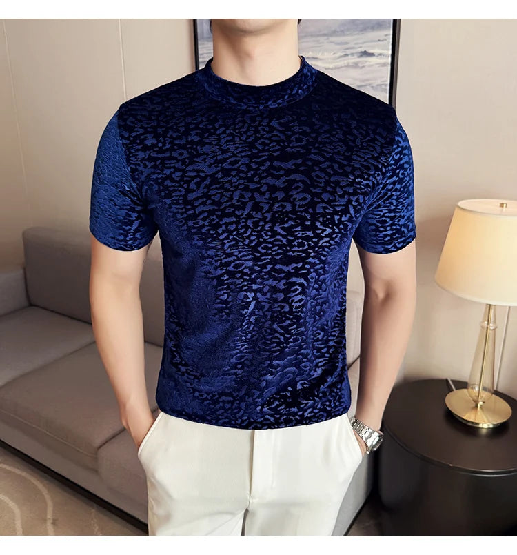 Men's T-Shirts Korean Fashion Gold Velvet Short Sleeve Mens Casual T Shirt Slim Fit Breathable Turtleneck Tee Shirt Homme 4XL-M