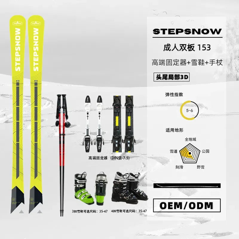 Men's Double Plate Skis 153cm with Skiing Boots Cane Four-Piece Set - Adjustable Holder Ski Equipment for Winter Sports ciaspole