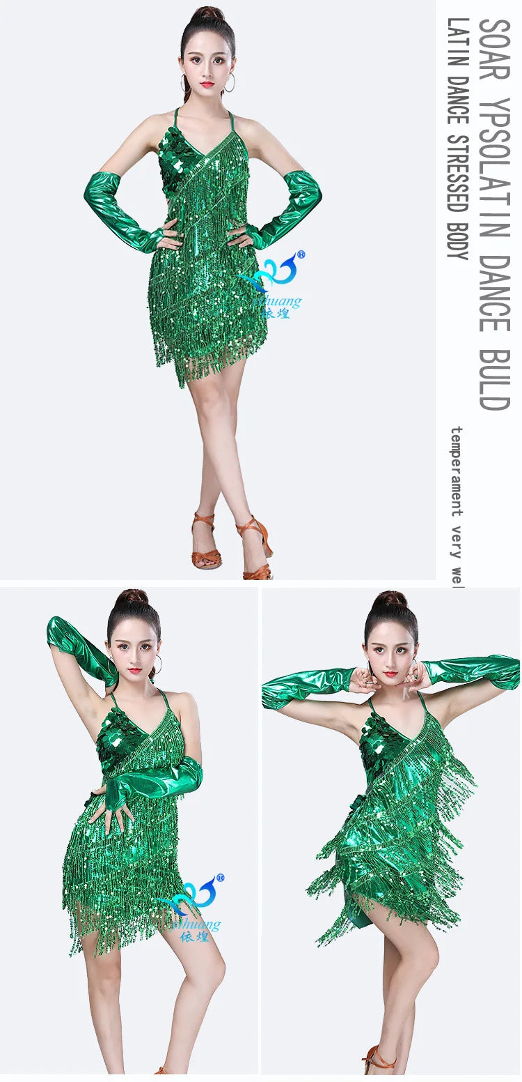 1pcs/lot woman sequin tassel latin dancing dress sexy latin dress latin salsa dresses fringe dress