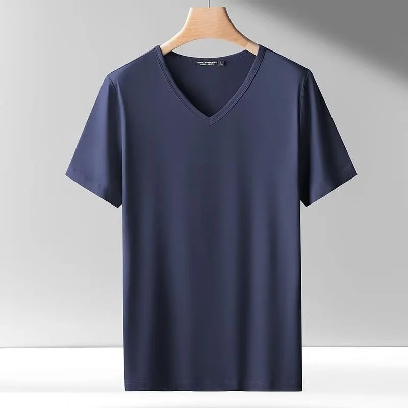 2025 men's short sleeved T-shirt loose and breathable plus size T-shirt top summer thin solid color V-neck home clothing base s