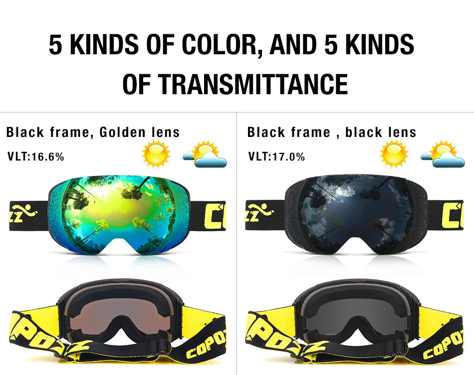 COPOZZ Magnetic Ski Goggles Men Women UV400 Protection Anti-Fog Ski Mask Outdoor Sport Snowboard Skiing Eyewear Adult