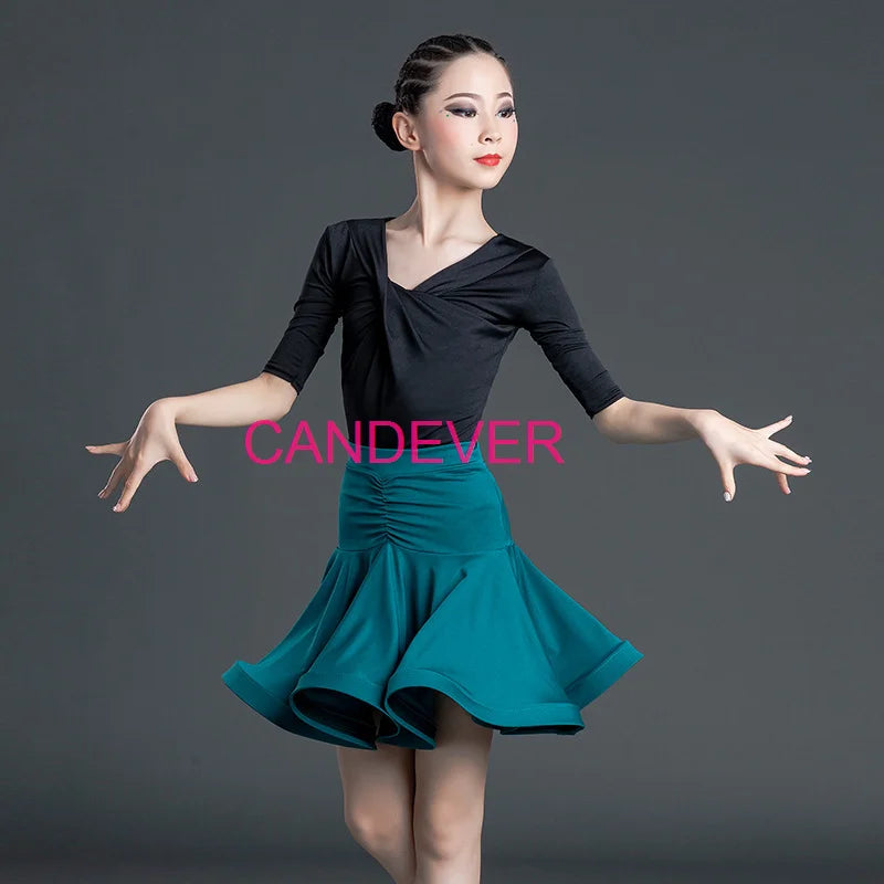 sexy Latin Dance Costume For Girls Ballroom Salsa Tango top Skirts Kids Child lace Leopard Latin Dance Split Dress Leotard Skirt