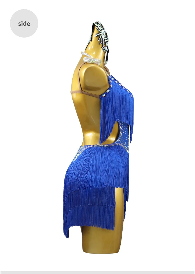 2026 New Latin Performance Dance Dress Women Sexy Outdoor Ballroom Party Fringe Skirt Sport Practice Wear Blue Prom Evening Suit