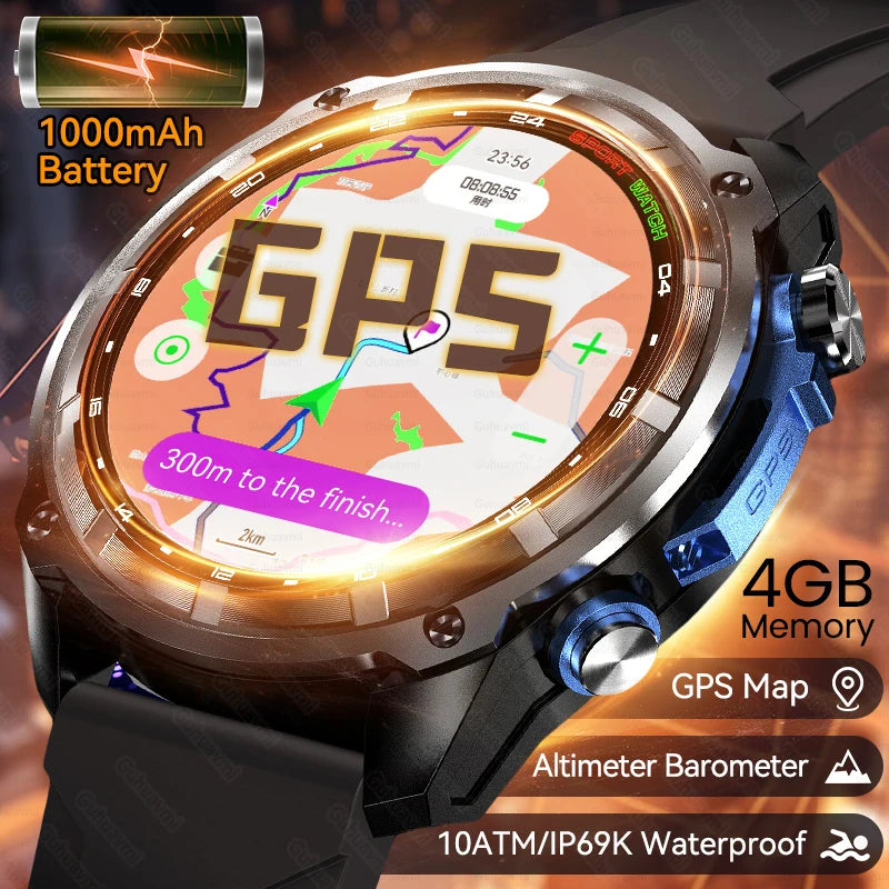 New Built in Real GPS HD Smart Watch Men Outdoor Altimeter 1000mAh Battery 4GB Memory 10ATM Waterproof Bluetooth Call Smartwatch