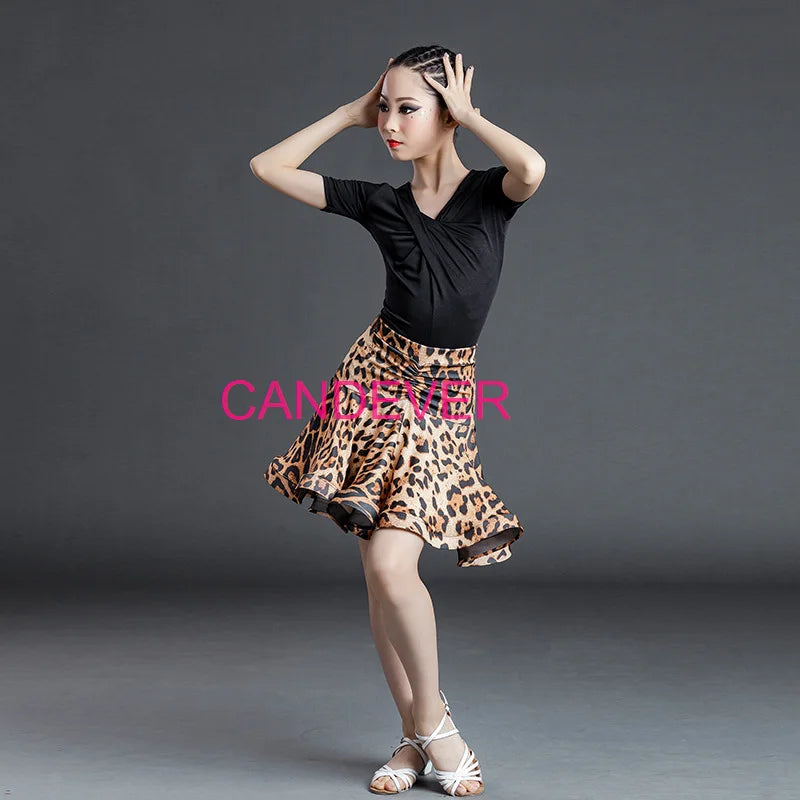 sexy Latin Dance Costume For Girls Ballroom Salsa Tango top Skirts Kids Child lace Leopard Latin Dance Split Dress Leotard Skirt
