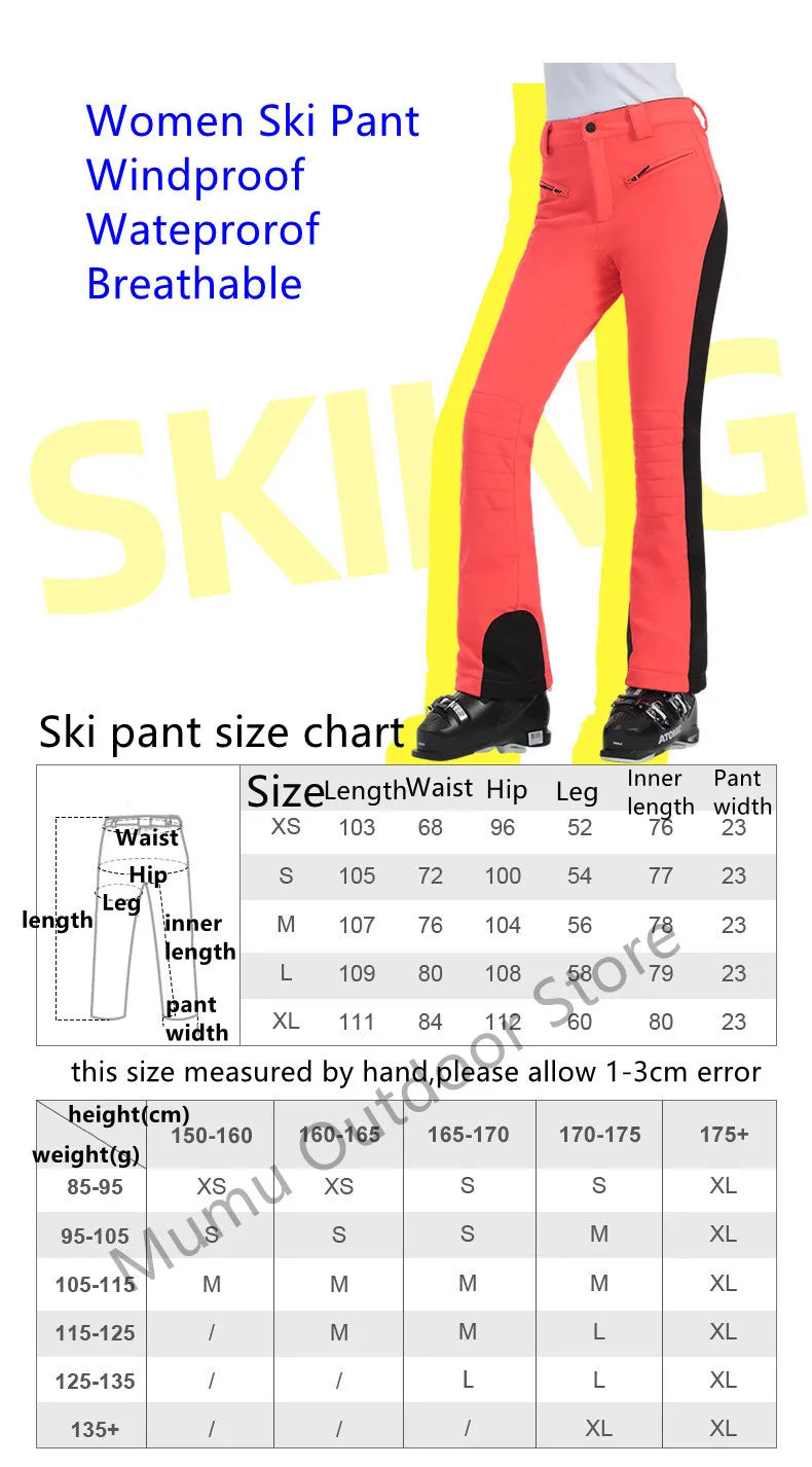Women Ski Pant Elastic Snowboard Trouser Windproof Waterproof Breathable Thicken Thermal Zipper Snowboard Wear for Winter Sport