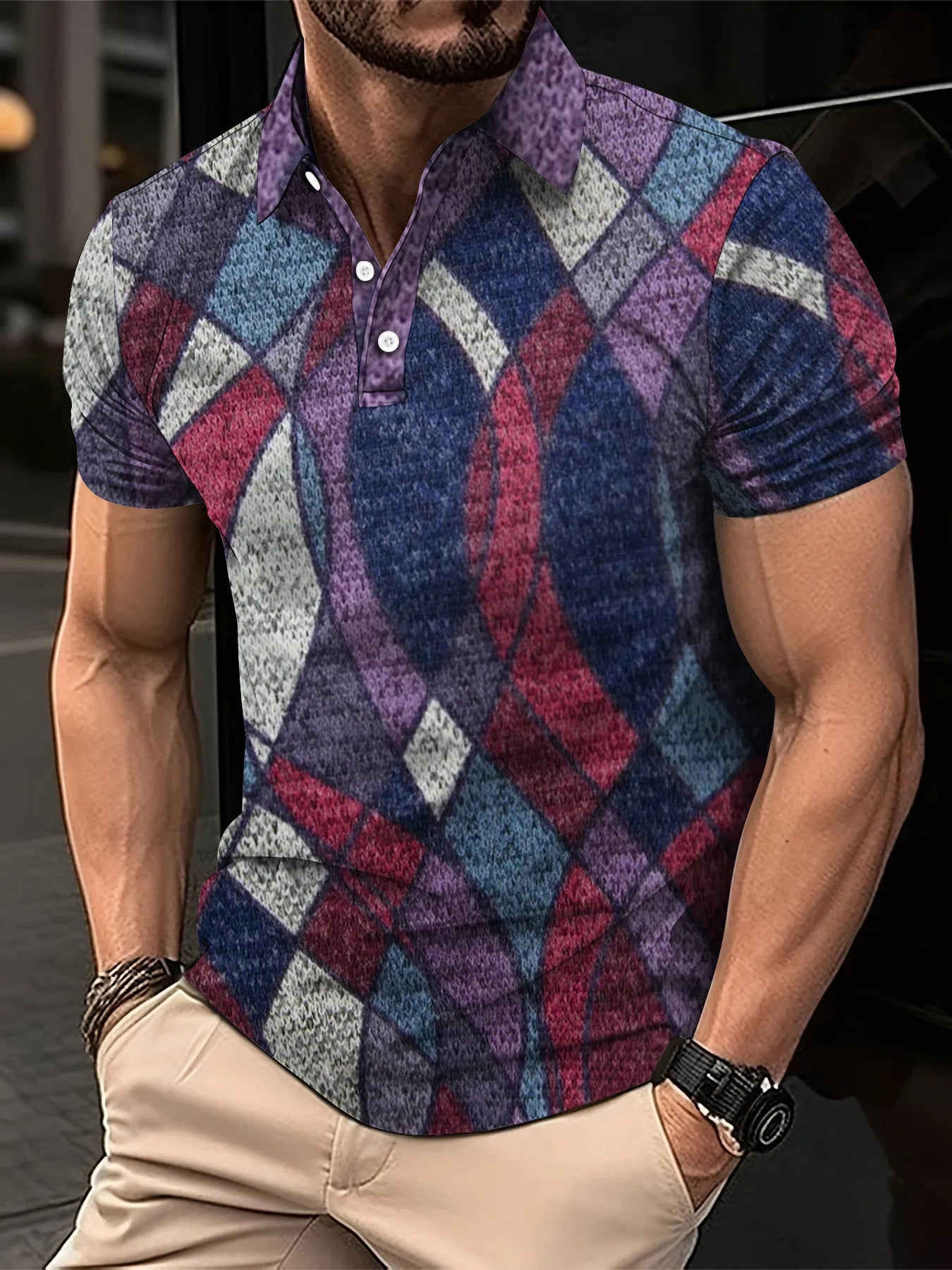 Fashion Elegant Harajuku Slim Fit Ropa Hombre Loose Casual All Match Lattice Men's POLO Shirt Printed Button Short Sleeve Tops