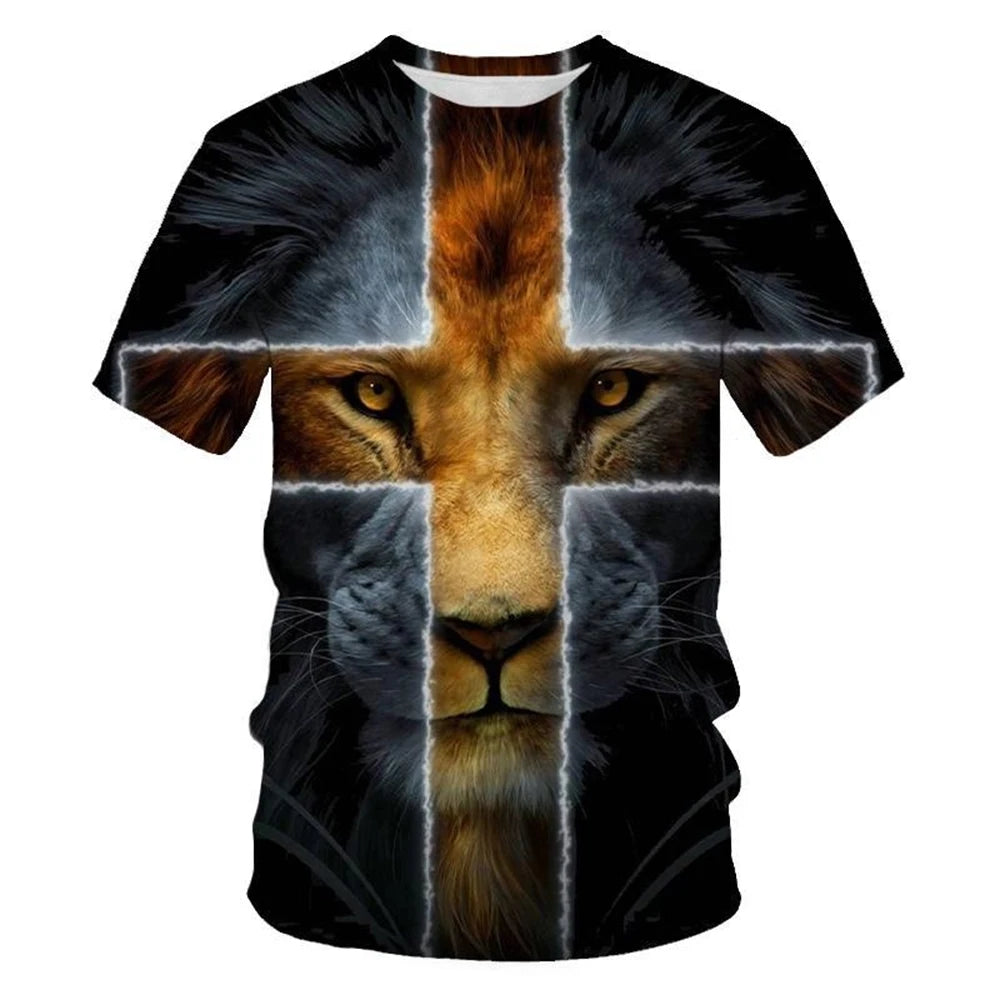 Summer fashion creative design cross lion 3D printing personalized Christian art T-shirt