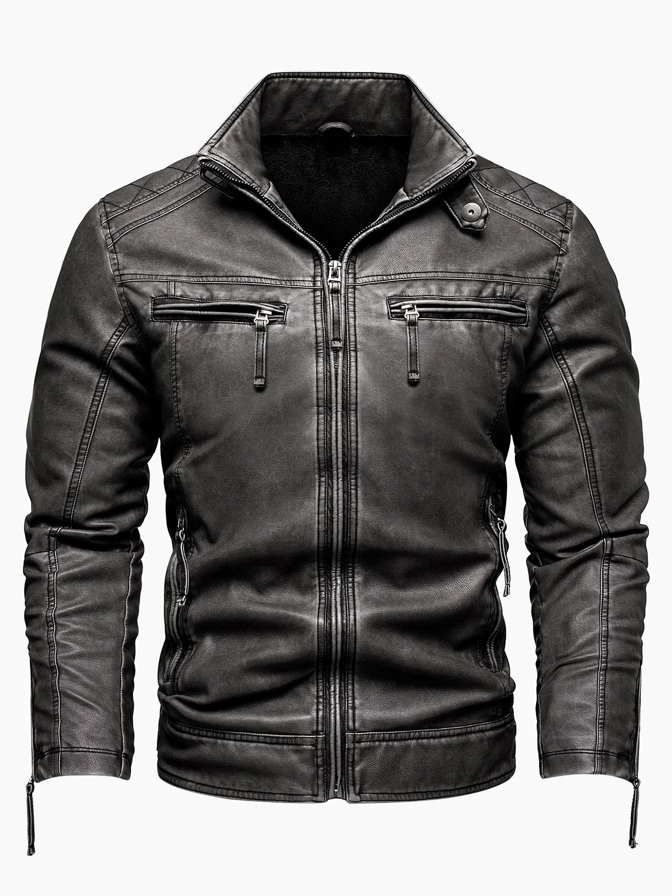 Men's Vintage Thickened Jacket Multi-Pocket Jacket, Stand-Up Collar Motorcycle Clothing, Casual PU Leather Jacket