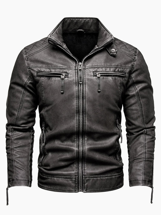 Men's Vintage Thickened Jacket Multi-Pocket Jacket, Stand-Up Collar Motorcycle Clothing, Casual PU Leather Jacket