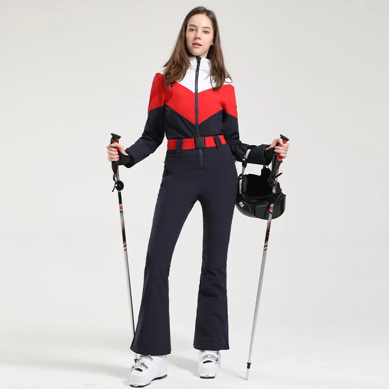 Women One Piece Ski Suit Winter Snowboard Jumpsuit Waterproof Windproof Thicken Hooded Outdoor Sport Wear for Mountain Hiking