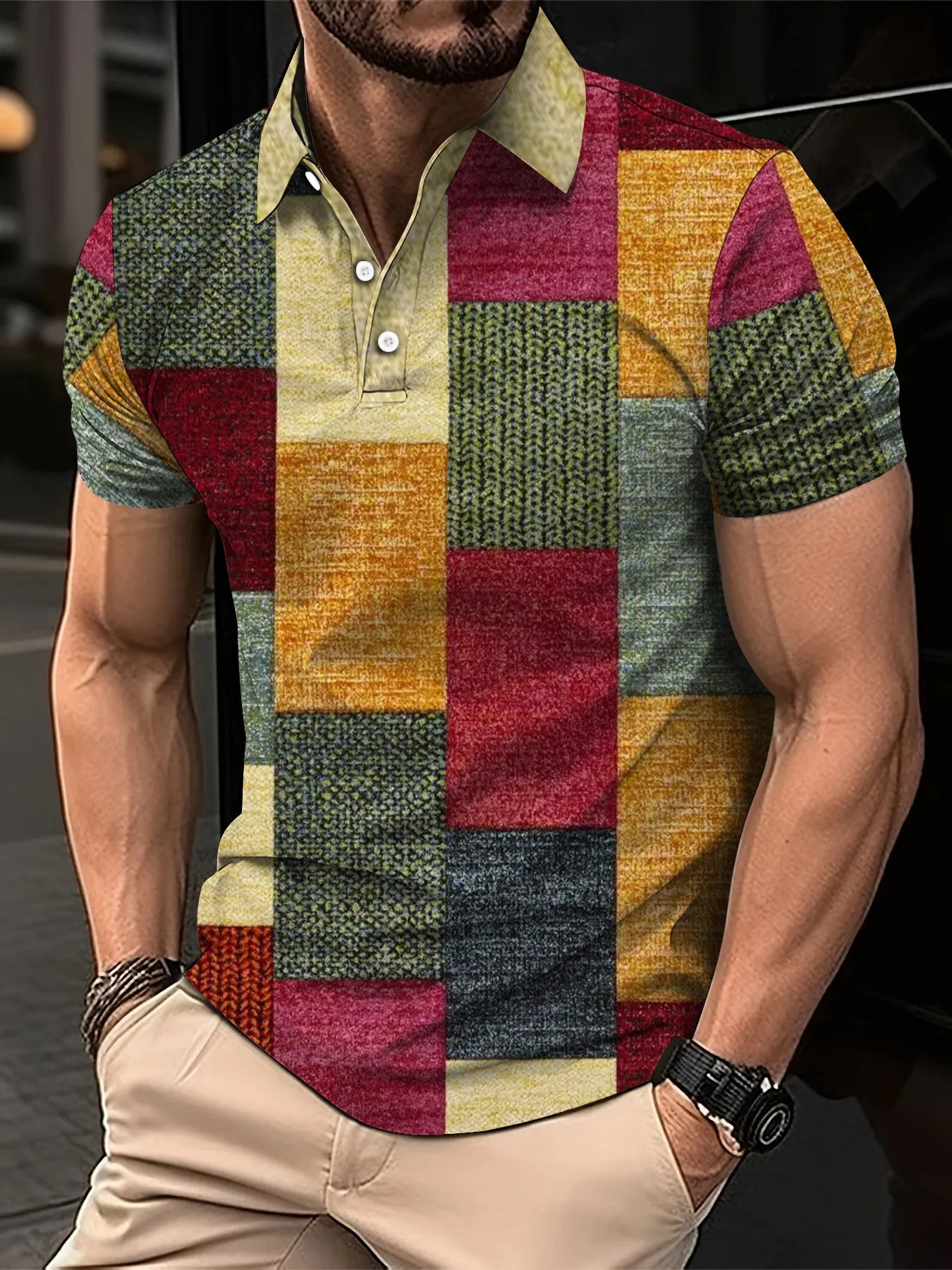 Fashion Elegant Harajuku Slim Fit Ropa Hombre Loose Casual All Match Lattice Men's POLO Shirt Printed Button Short Sleeve Tops