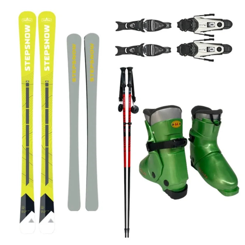 Men's Double Plate Skis 153cm with Skiing Boots Cane Four-Piece Set - Adjustable Holder Ski Equipment for Winter Sports ciaspole