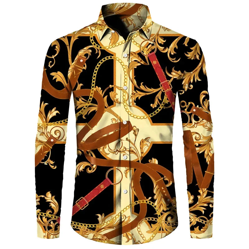 2024 New Luxury Golden Flower Chain 3D Print Men Long Sleeve Shirt Casual Mens Designer Clothing Streetwear Lapel Button Shirts