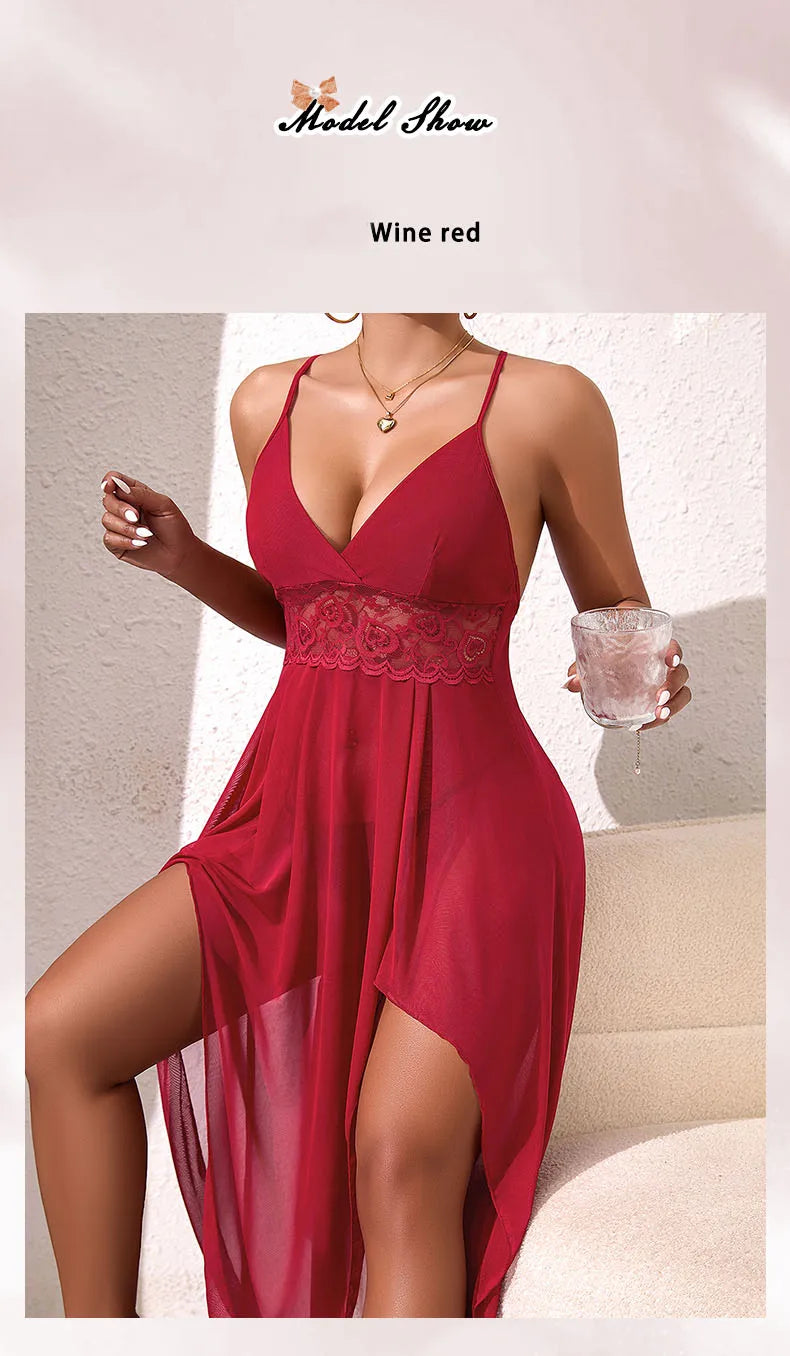 Irregular Suspender Women Vacation Style Skirt Sexy Female Lingerie Transparent Mesh V-neck Backless Long Dress Woman Pajamas