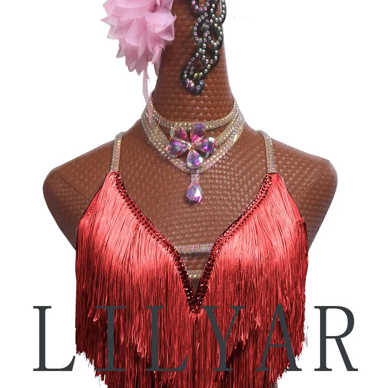 New professional Latin Dance Performance Competition Dress Adult Women Sparkling Pink Tassel Backless Dance Dress