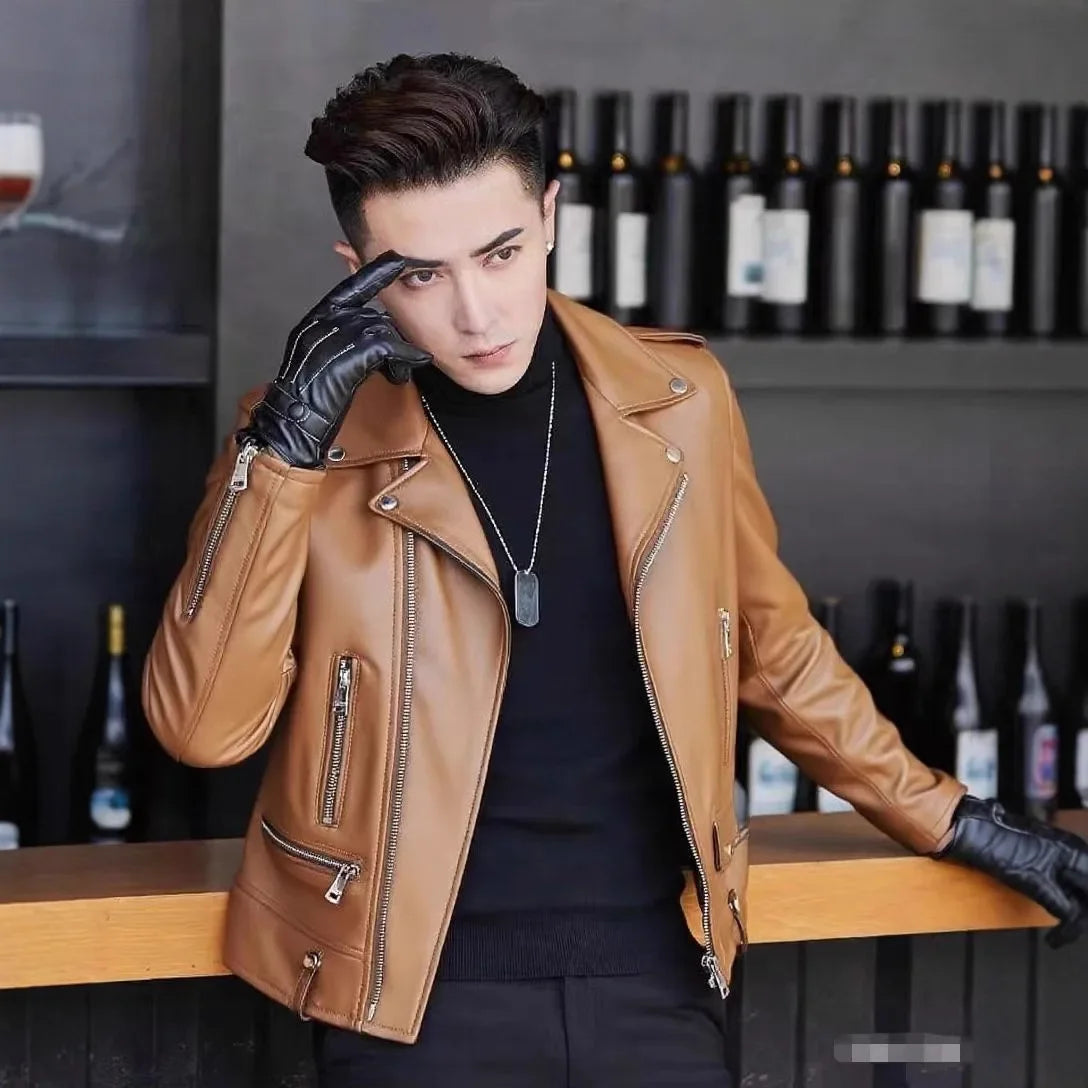 Men's Slim Fit PU Leather Jacket Fashionable Motorcycle Style Spring Autumn Korean Version Casual Outerwear Male Biker Coat