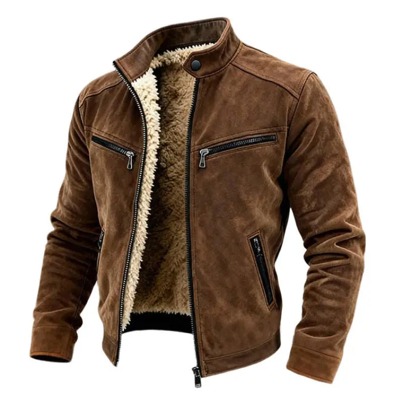 Winter Men's Retro Brown Zipper Pocket Casual Jacket Man Fleece Stand Collar Outwear Men Warm Loose Vintage Motorcycles Jackets