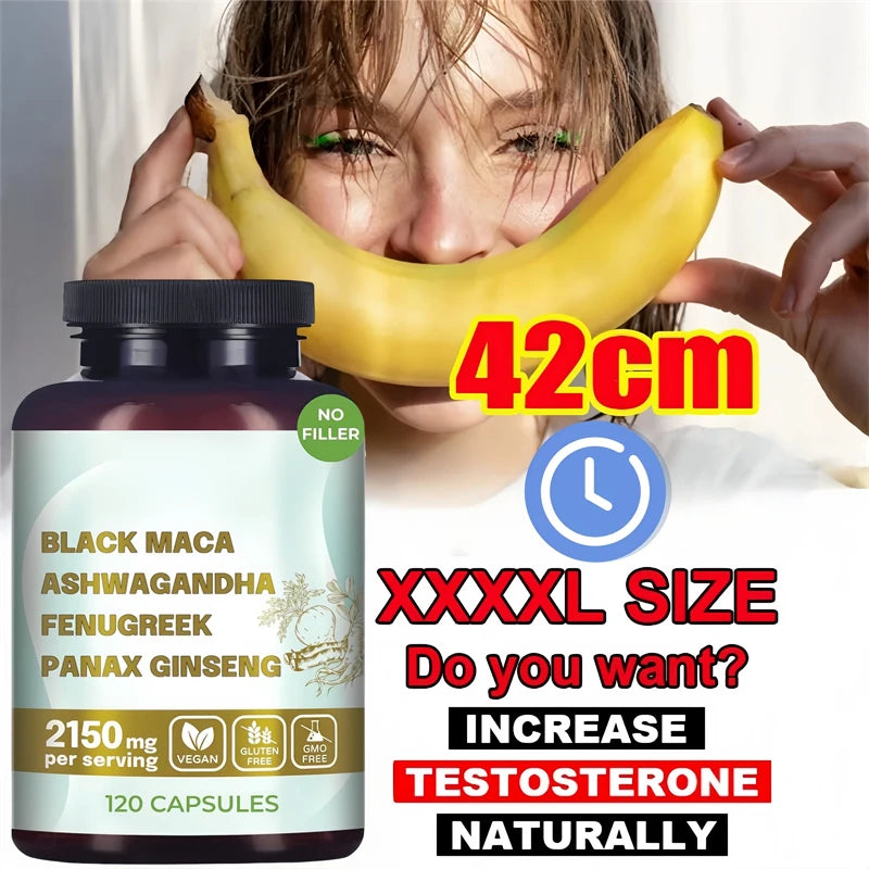 Original Black Maca Root, Ashwagandha, Panax Ginseng, Fenugreek Capsules, Male Enhancing Supplement Natural 4-in-1 Organic