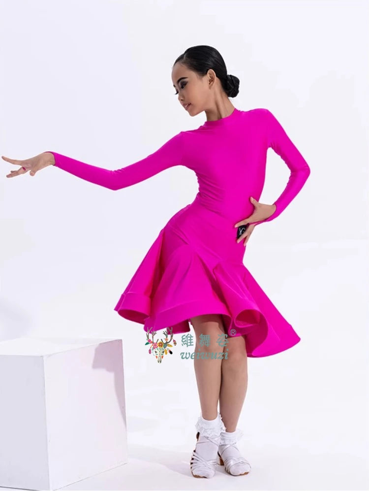 Girls Latin Dance Competition Clothing Glossy Fabric Long Sleeves Dance Dress Kids Cha Rumba Dance Practice Training Wear