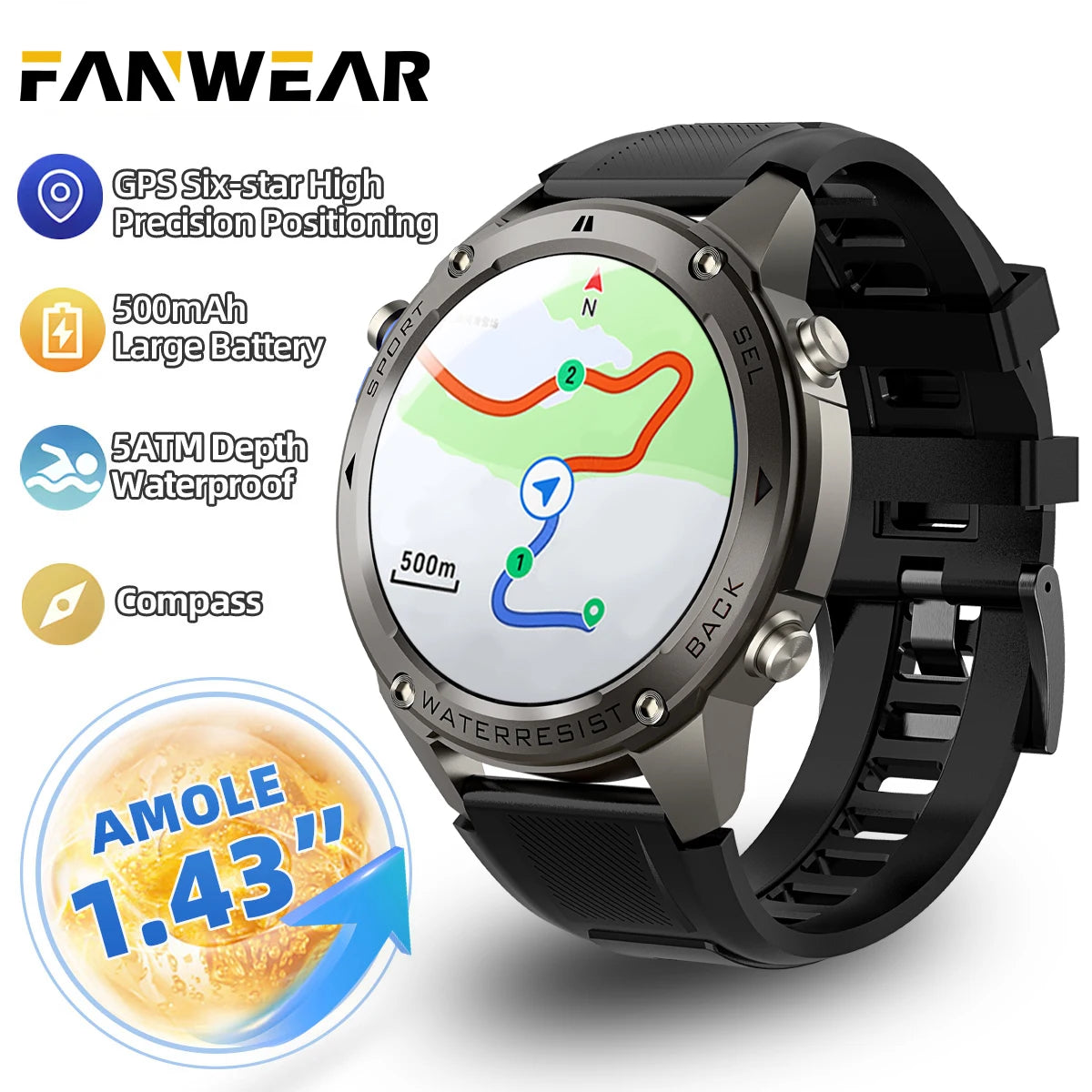 For Xiaomi Huawei Men GPS SmartWatch 2024 New Bluetooth Call 1.43inch AMOLED Compass 500mAh Battery 10ATM Waterproof Smart Watch