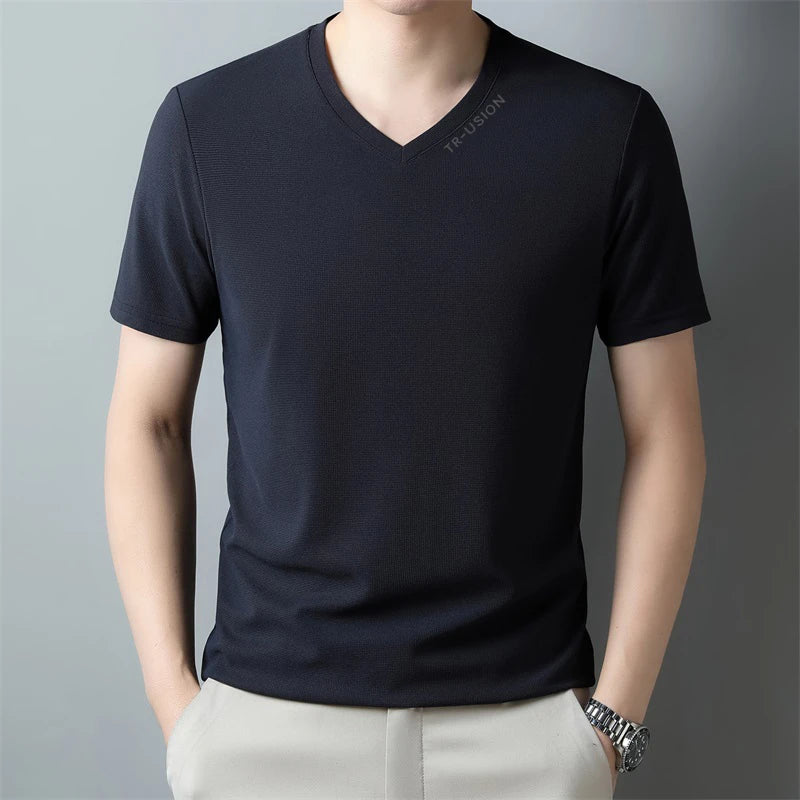 New Men's Casual and Fashionable V-neck Solid Color Short Sleeved T-shirt Breathable and Comfortable Summer Versatile Top