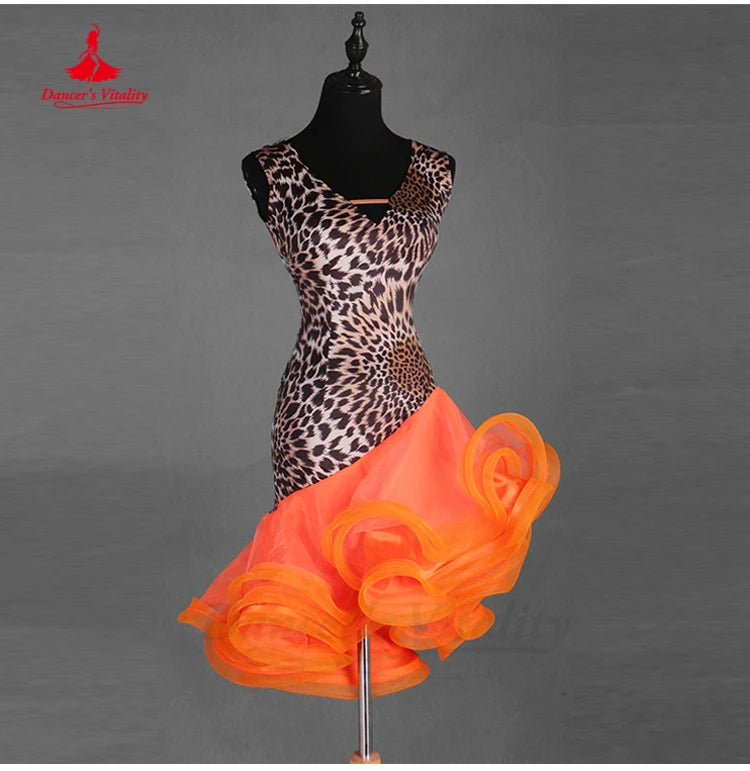 Latin Dance Dress V-Neck Wave Point Skirt Profession Custom Female Adult Child Elegant Performance Clothes Competition Clothing