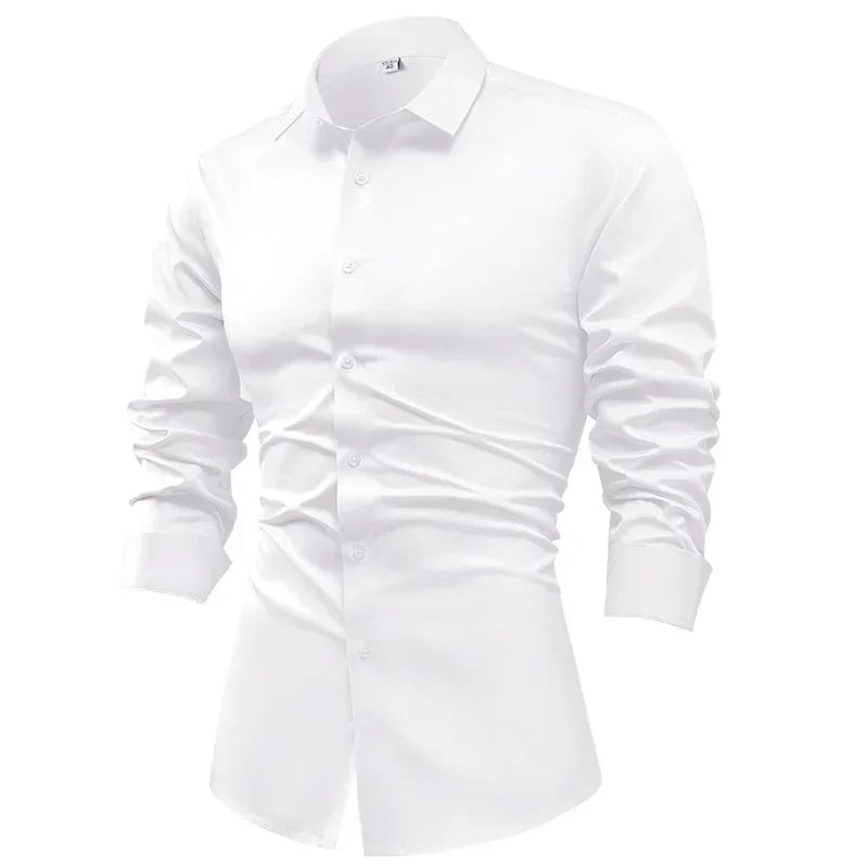 Silk cotton long sleeved shirt men's pure white shirt 2025 spring high-end sense inch shirt casual business suit formal wear