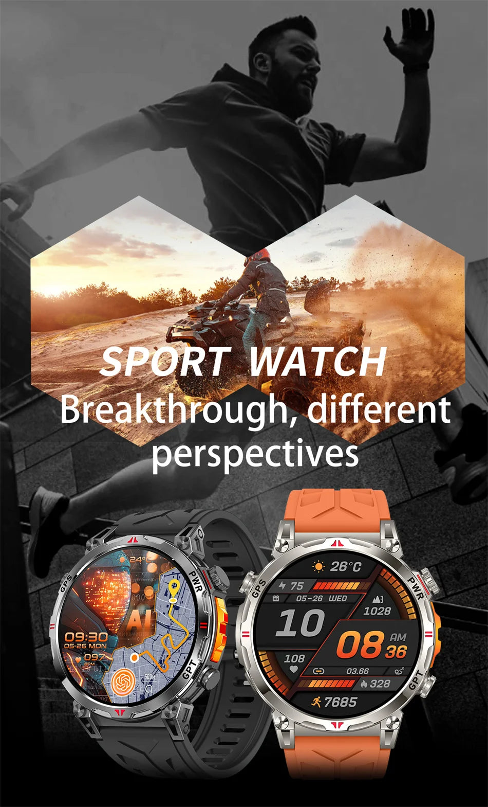 2026 New Outdoor Sports Smartwatch Men GPS Positioning 650mAh HD Call 1.56-inch AMOLED Screen Compass 5ATM Waterproof Watch Man