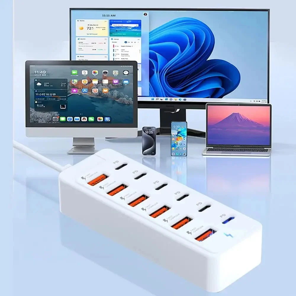 12 in 1 Fast USB Charger Power Strip Desktop Charging Station Fast Charging 1m Cord USB HUB Adapter Socket for Home Office