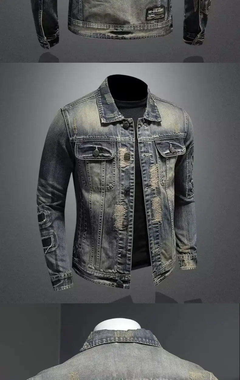 2025 Men's Autumn Winter Brand Casual Cotton Jacket with American Retro Motorcycle Embroidered Street Fashion Grey Jeans Coat