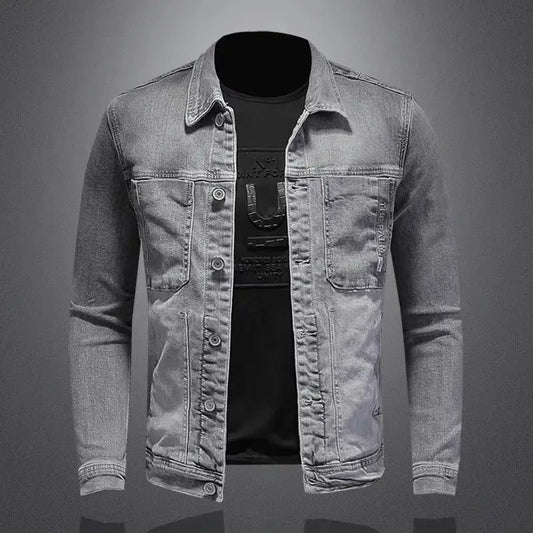 2025 Men's Autumn Winter Brand Casual Cotton Jacket with American Retro Motorcycle Embroidered Street Fashion Grey Jeans Coat