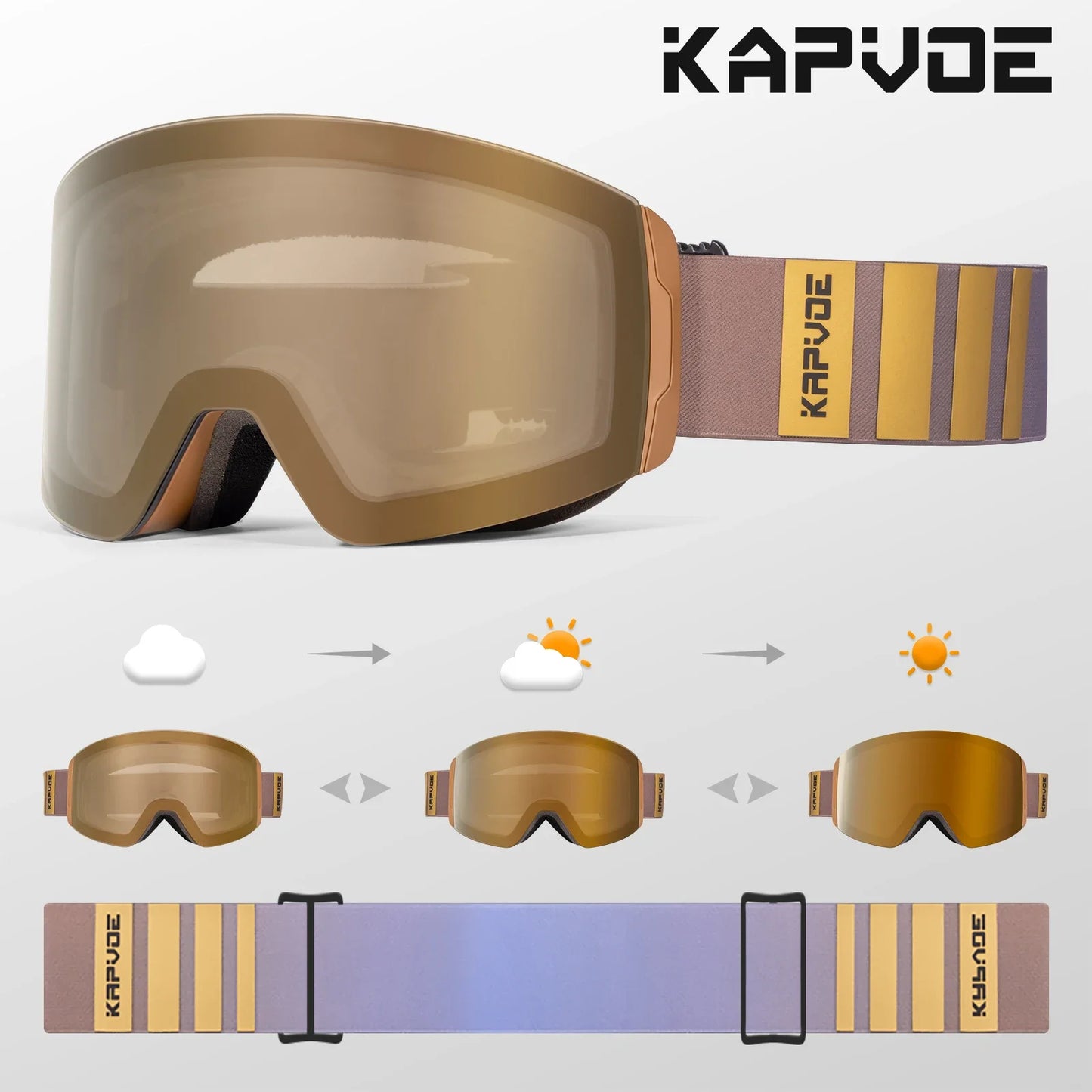 Kapvoe Photochromic Ski Goggles Magnetic Anti-Fog Lenses UV400 Protection Men Women Ski Goggles Snow Sunglasses Sports Eyewear