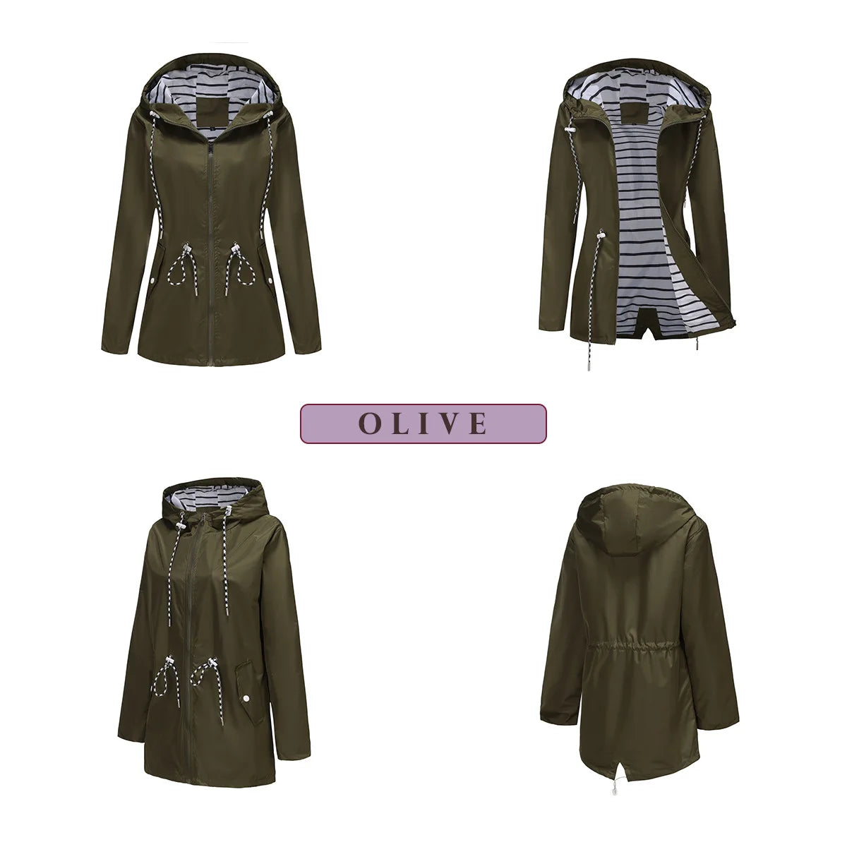 Red Waterproof Hooded Jacket, Women Fashion Casual Coat, Waist Drawstring Tie Zipper Switch Blue Green Yellow Black Windbreaker
