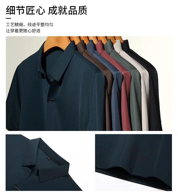 High End Mulberry Silk T-shirts Man Long Sleeve Tops Business Casual Elastic Non-iron Seamless Quality Luxurious Men Polo Shirts