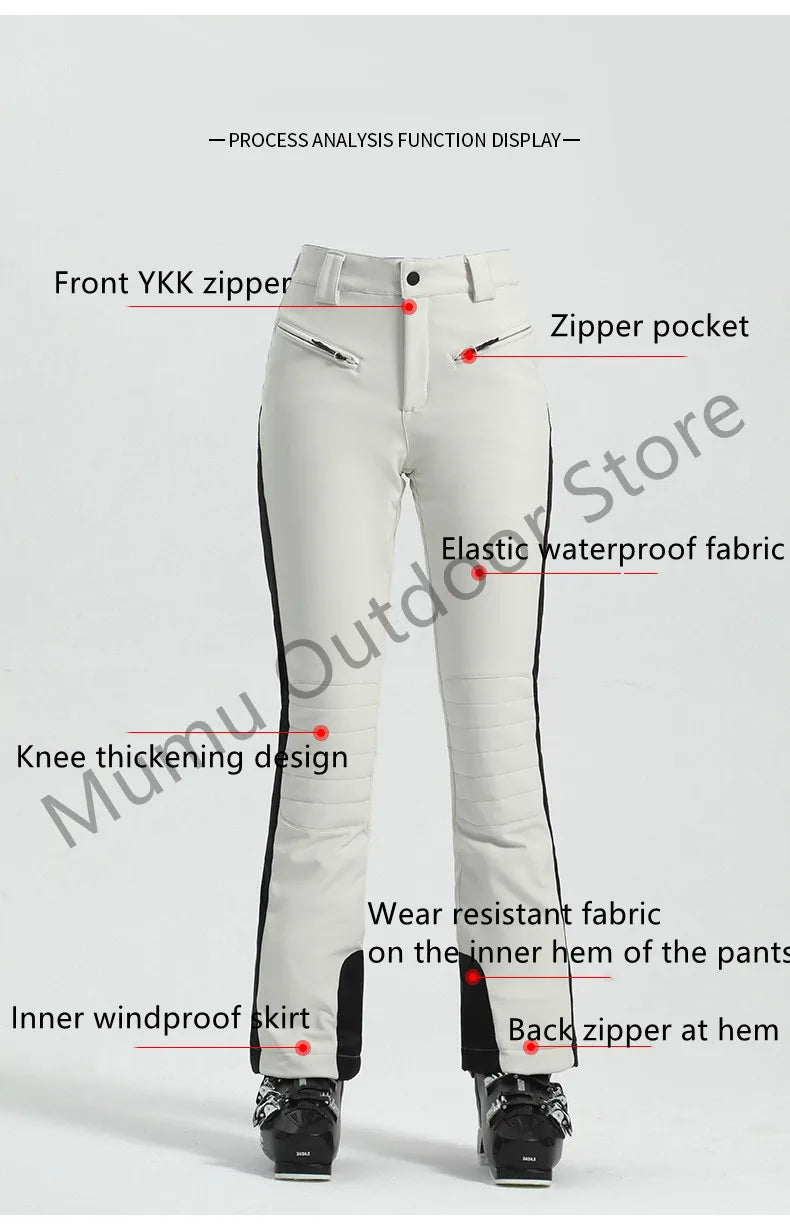 Women Ski Pant Elastic Snowboard Trouser Windproof Waterproof Breathable Thicken Thermal Zipper Snowboard Wear for Winter Sport
