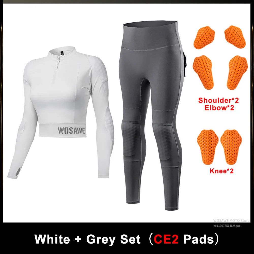 WOSAWE CE Level 1/2 Motorcycle Soft Armor Jacket Pants Set Women Biker Street Riding Clothing Sexy Fit Hip Lifting Training Wear